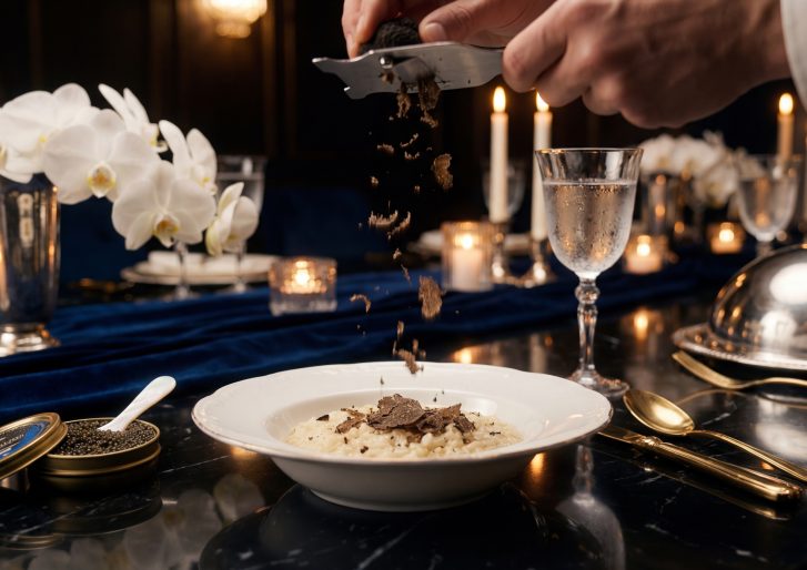 A person grates fresh truffle over a bowl of risotto on an elegant table set with candles, white orchids, a glass of sparkling drink, and a tin of caviar.