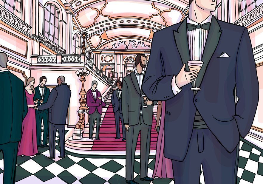 Illustration of group of people in formalwear drinking martini's in a grand hall