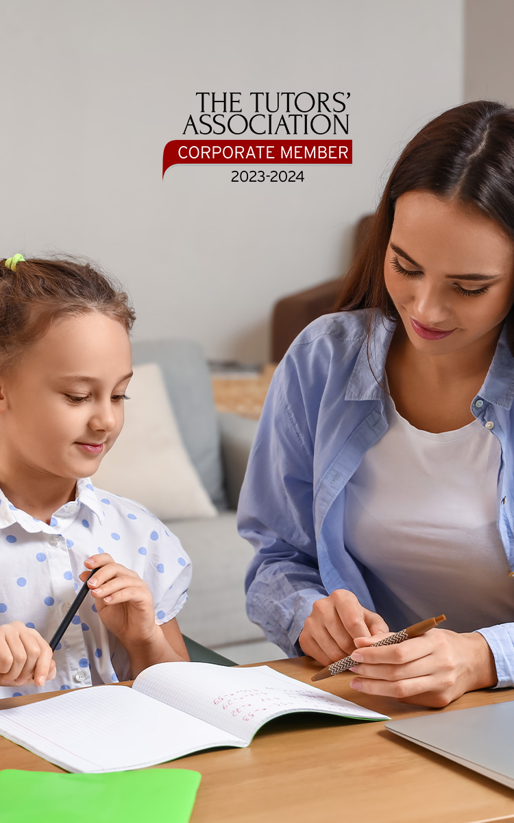 A woman tutors a young girl at a table, both smiling and writing in notebooks. At the top, a badge reads The Tutors Association Corporate Member 2023-2024.