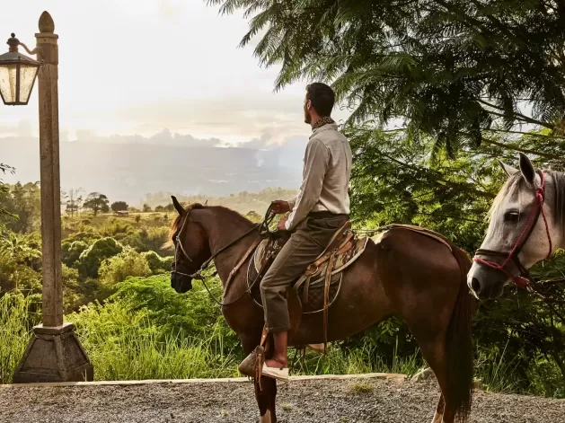 Men riding horse with a view of rainforest in Costa Rica