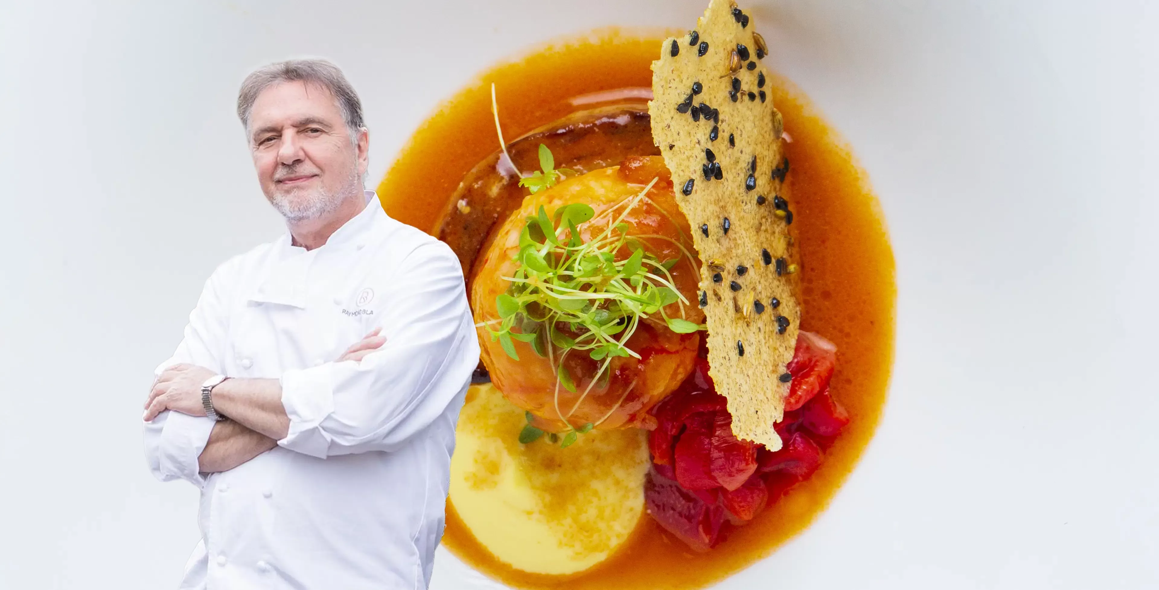 Collage of Raymond Blanc in front of one his famous dishes | Quintessentially