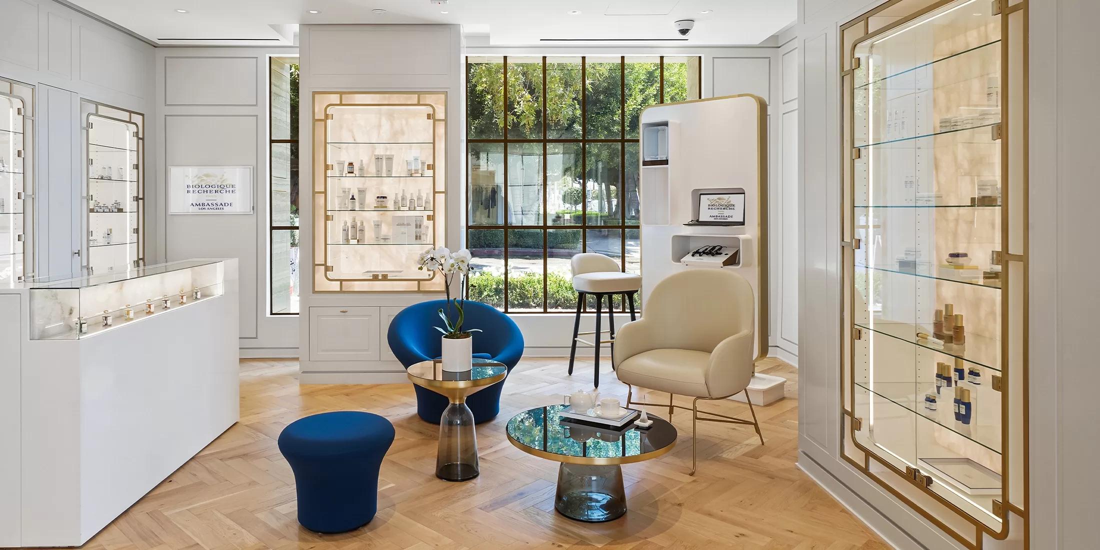 A modern, elegant boutique with glass display shelves, blue and cream seating, a glass coffee table, wood flooring, and large windows revealing greenery outside. Products are neatly arranged on illuminated shelves.