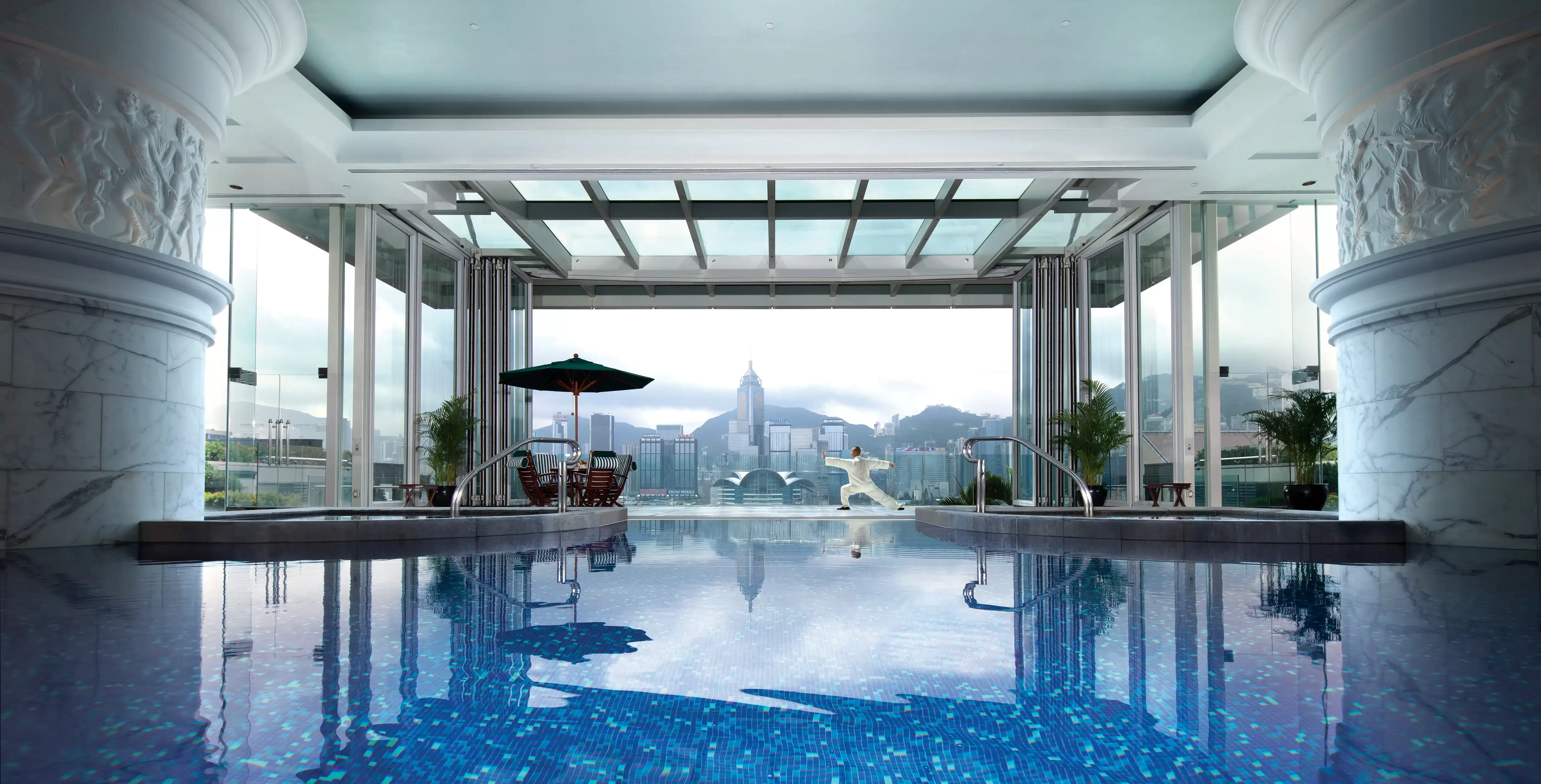 Luxury indoor spa pool over looking Hong Kong city
