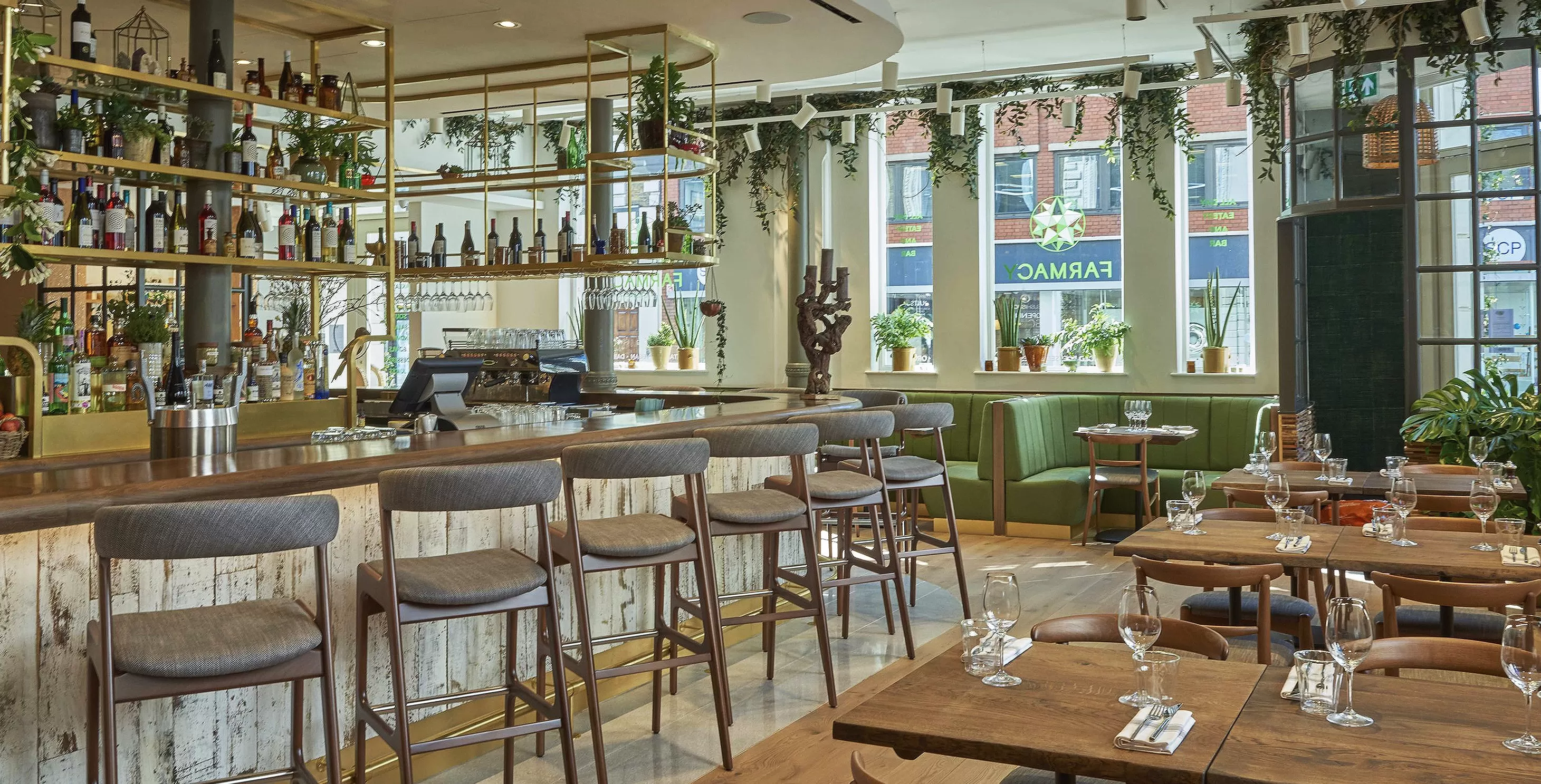 Luxury restaurant and bar wooden interior