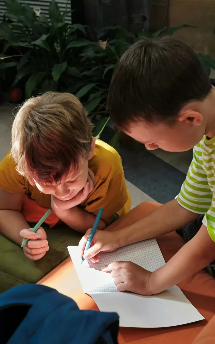 Two young boys are seated and engaged in drawing or writing on a checkered notebook. One wears a yellow shirt, holding a teal pen, while the other wears a striped shirt, using a similar pen. They are focused on their activity, with plants in the background.
