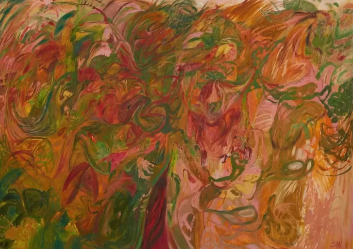 An abstract painting with swirling patterns in warm tones of red, green, and orange. The composition is dense with intricate shapes and textures, creating a sense of movement and energy across the canvas - Grasshoppers, 2024 by Soumya Netrabile.