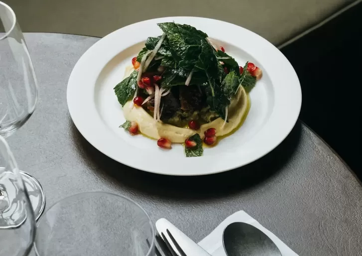 A dish plated on a white round plate, featuring meat topped with leafy greens and garnished with scattered pomegranate seeds. Its served with a light-colored puree. Wine glasses and a spoon are visible on the table beside it.