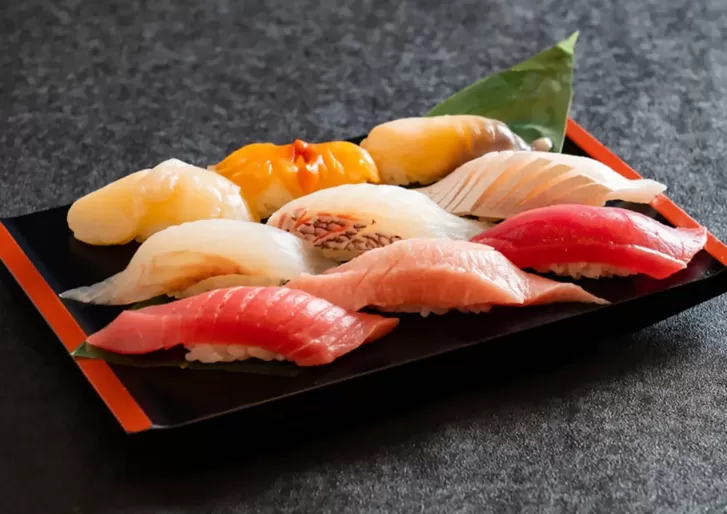 Colourful sushi on a sushi tray