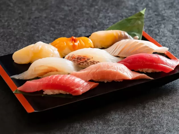 Colourful sushi on a sushi tray